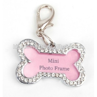 metal bone shape mini frame diamante key chains/key rings, diamante bone photo frame zipper pullar